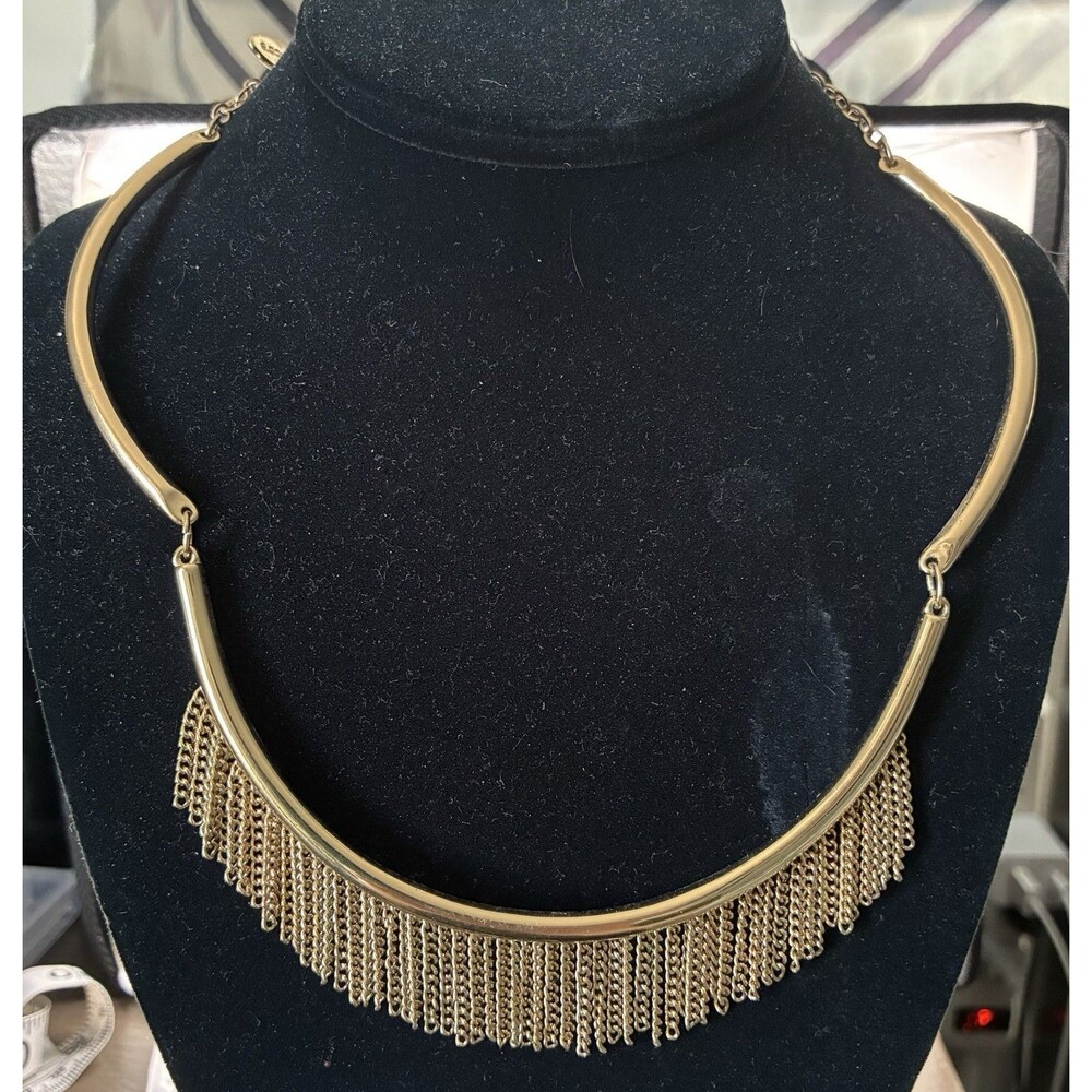 Chicos Statement Fringe Gold Tone Bar Necklace NWT Adjustable